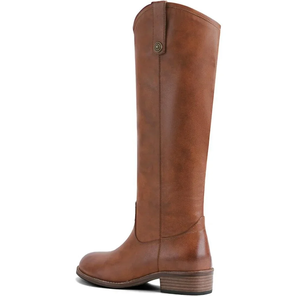Women's Caramel Round Toe Chunky Heel Faux Suede Tall Knee High Boots Rubber